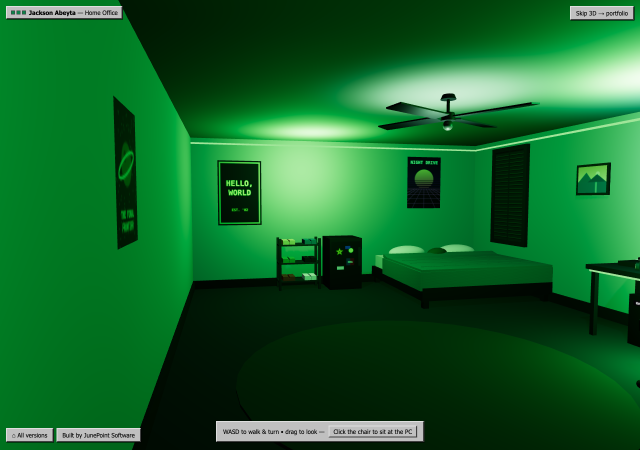 Screenshot of the 3D home office: a walkable recreation of my room with a desk and monitors.