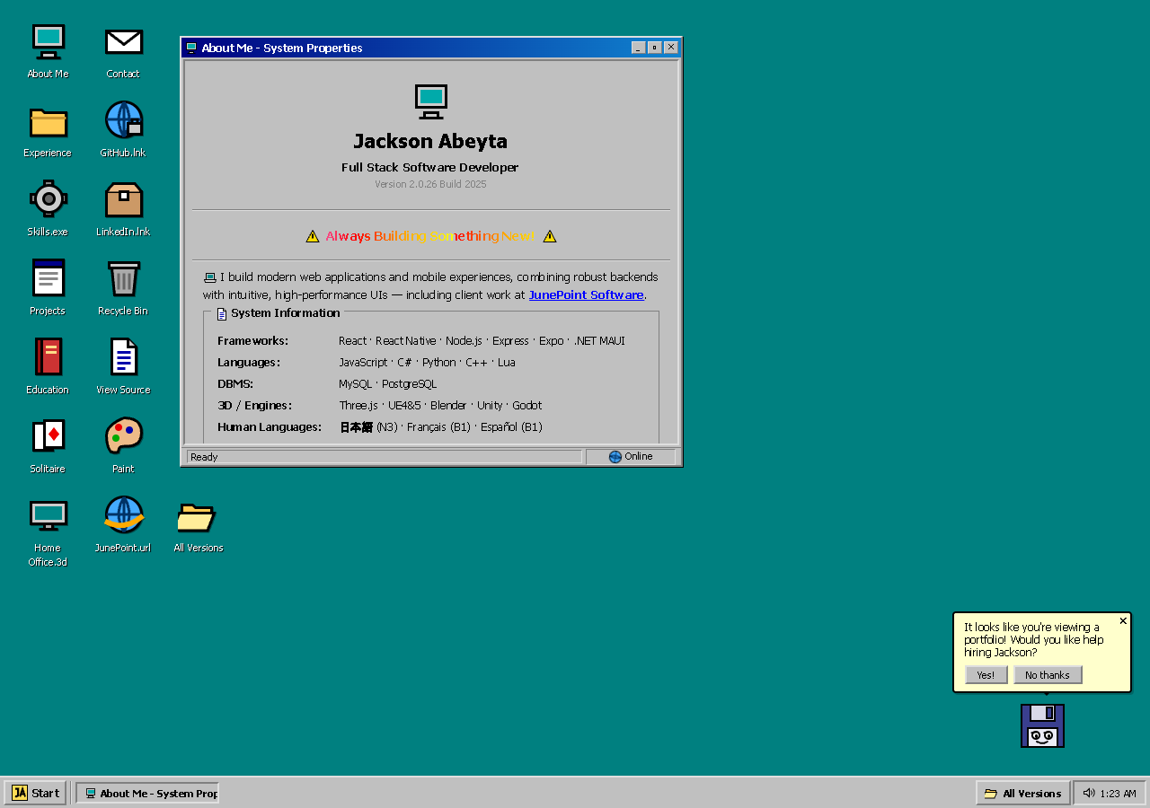 Screenshot of AbeytaOS 95: a Windows 95 style desktop with draggable windows showing the portfolio.