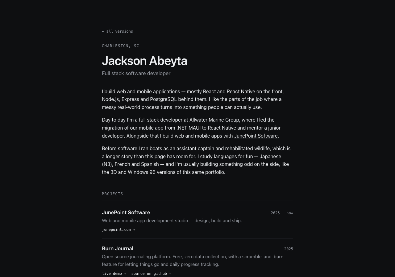 Screenshot of the minimal portfolio: a plain typographic page with a short bio and a list of projects.